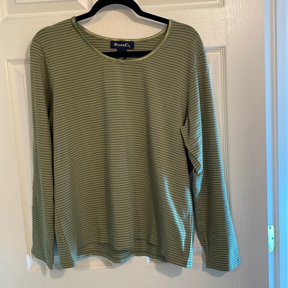 Women Top Green Strip Boatneck Velvet Trim Neckline Size Large Long Sleeve - Picture 1 of 7